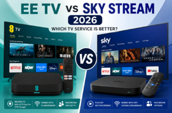 EE TV vs Sky Stream 2026 comparison showing EE TV Box Pro and Sky Stream puck with recording, broadband and multiroom differences