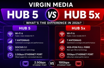 Virgin Media Hub 5 vs Hub 5x comparison showing Wi-Fi 6, DOCSIS 3.1, XGS-PON Full Fibre, 2.5Gbps and 10Gbps Ethernet differences
