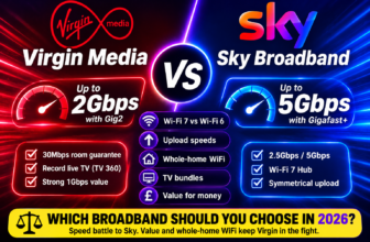 Virgin Media vs Sky Broadband 2026 comparison showing up to 2Gbps vs 5Gbps speeds, Wi-Fi 6 vs Wi-Fi 7, upload speeds and whole-home WiFi differences